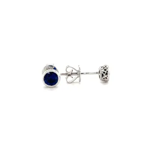 Round Sapphire Stud Earrings with Filigree and Milgrain in 14K White Gold