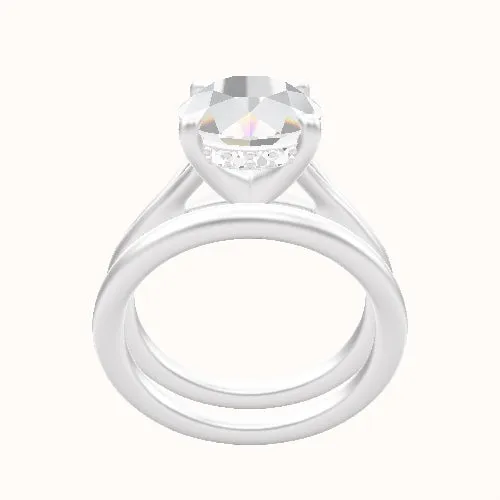 Split Cathedral Engagement Ring With V Prong with Hidden Halo Head and Matching Band