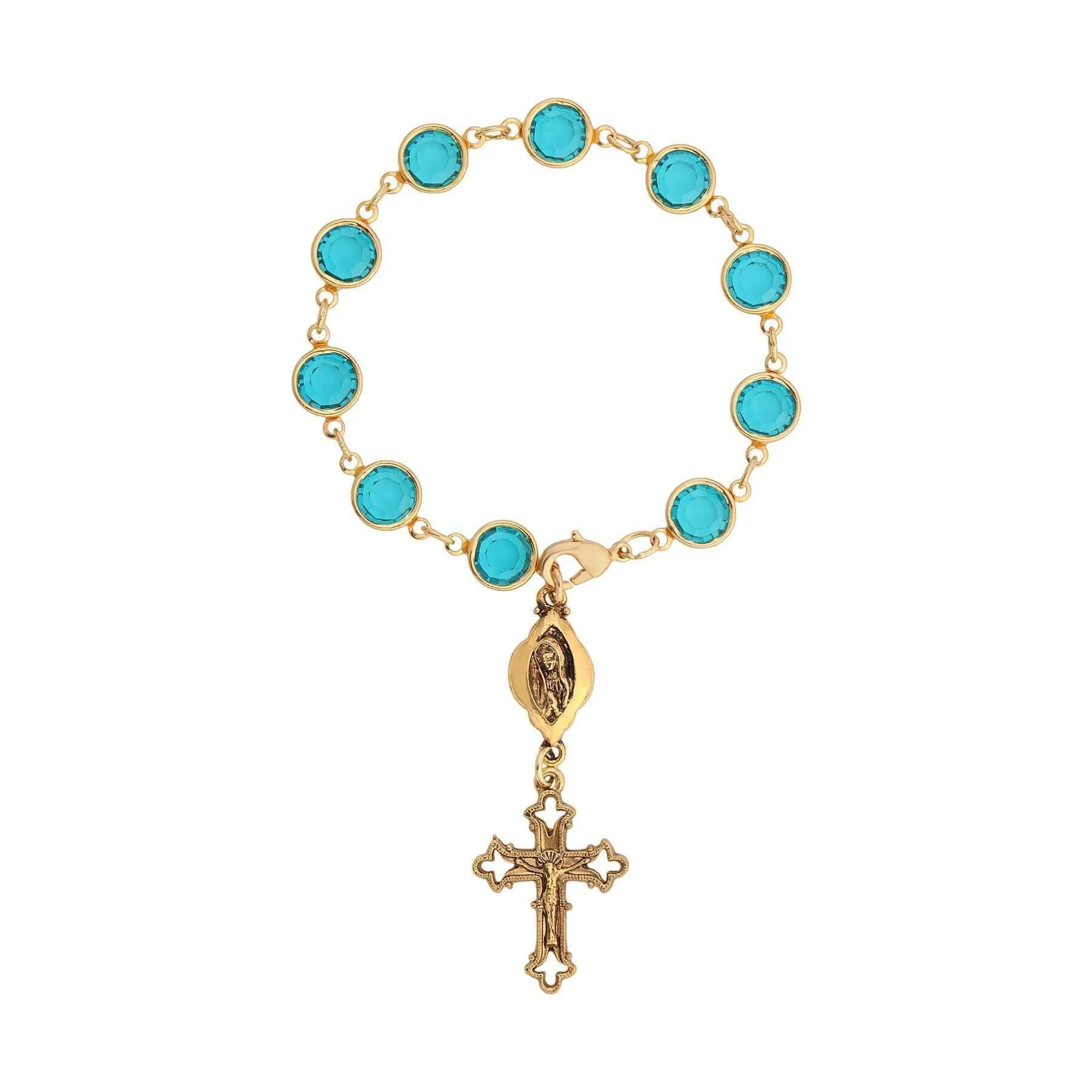 Symbols Of Faith Austrian Crystal Blue Zircon Rosary Style Bracelet