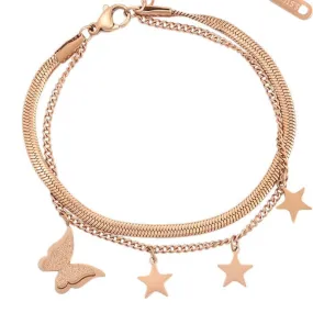 Two layered Rose Gold Bracelet with Stars and Butterfly Charm