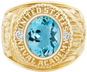 USNA Class Ring Mod with Aquamarine Centerpiece and Diamond Dividers