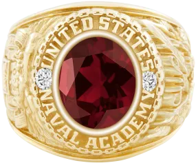 USNA Class Ring Mod with Mozambique Garnet Centerpiece and Diamond Dividers