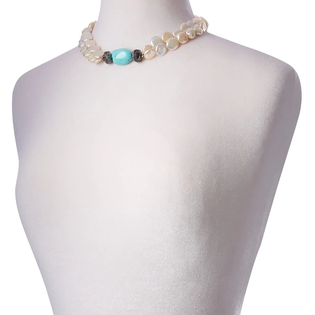 White Coin Pearl Double Strand Gunmetal Necklace