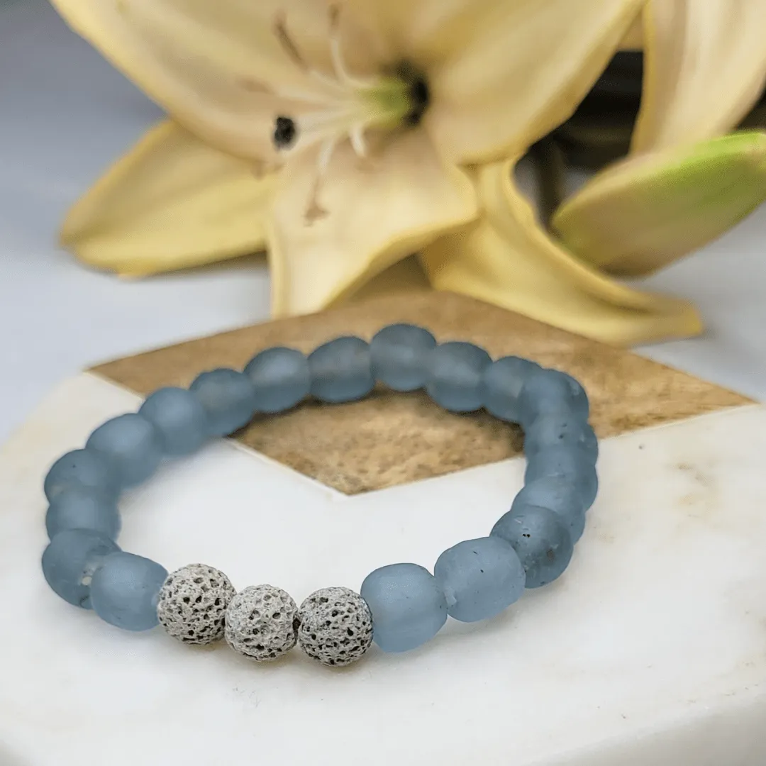 Zula - Ice Blue | Grey Lava | African Recycled Glass Bead Bracelet