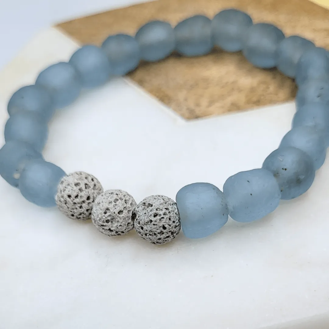 Zula - Ice Blue | Grey Lava | African Recycled Glass Bead Bracelet