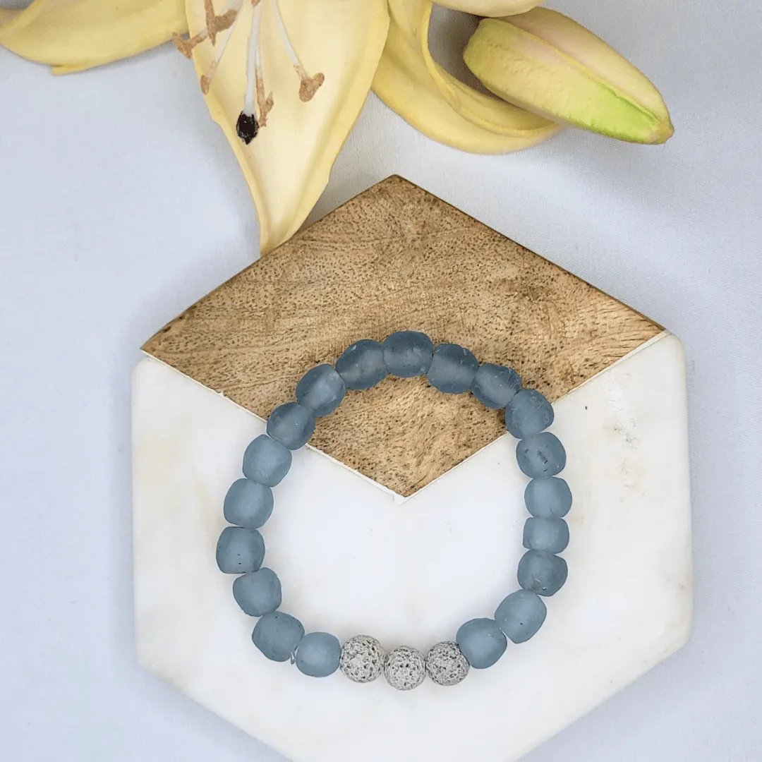 Zula - Ice Blue | Grey Lava | African Recycled Glass Bead Bracelet